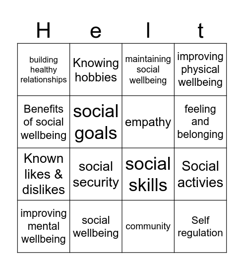 Social Health&wellbeing Bingo Card