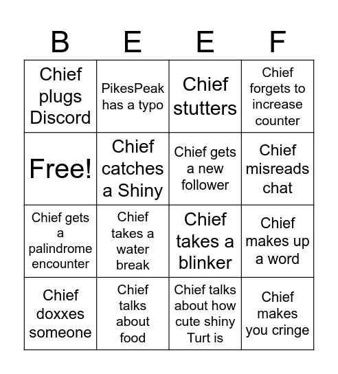 Chief Beef Bingo Card