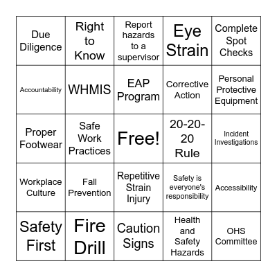 Safety and Health Week 2024 Bingo Card