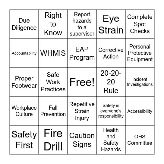 Safety and Health Week 2024 Bingo Card