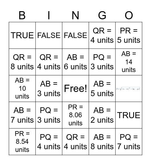 Distance Between Two Points Bingo Card