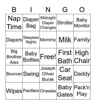 Baby Shower Bingo Game Bingo Card