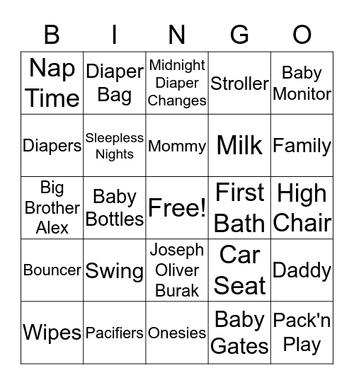Baby Shower Bingo Game Bingo Card
