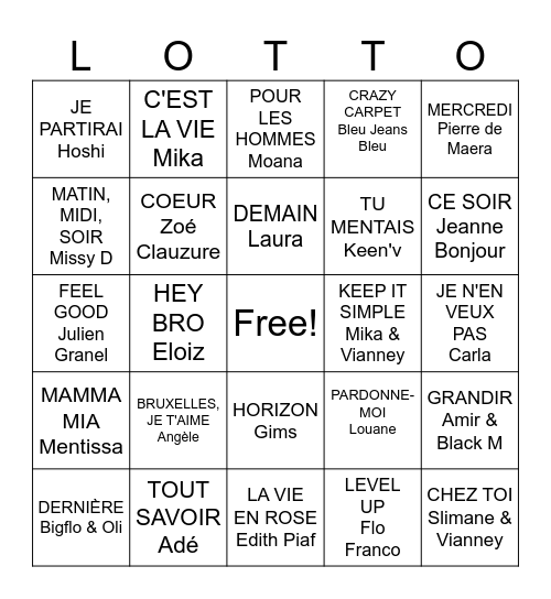 Chanson Française 23-24 Bingo Card