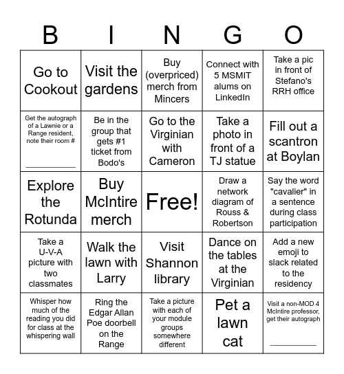 MSMIT Charlottesville Residency Bingo Card