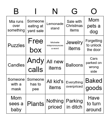 Chelle Yard sale Bingo Card