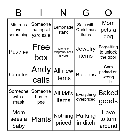 Chelle Yard sale Bingo Card