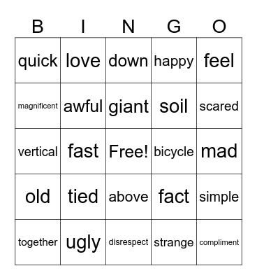 Antonym and Synonym Bingo Card