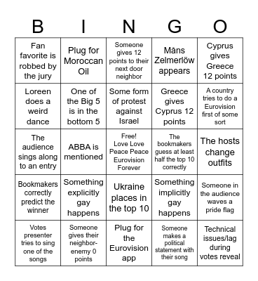 Eurovision 2024 Bingo Card