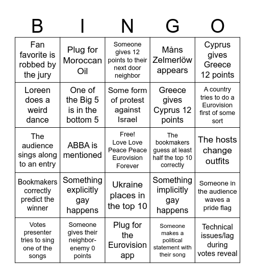 Eurovision 2024 Bingo Card