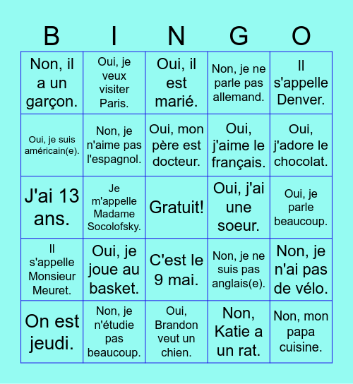 Les questions Bingo Card