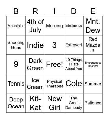 BRIDE BINGO Card