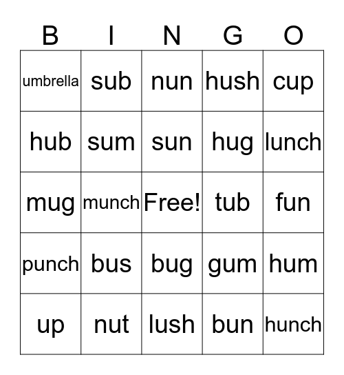 Short "u" sounds Bingo Card