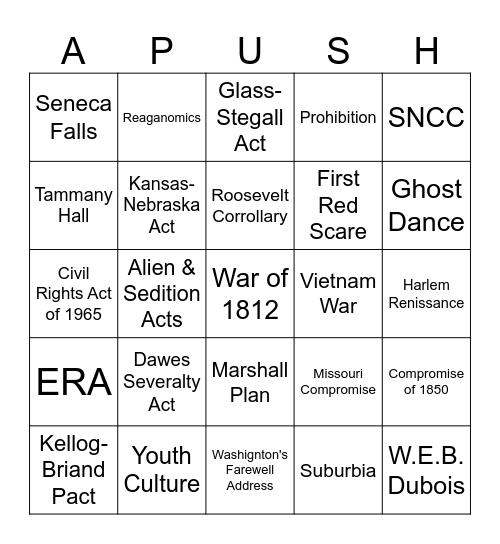 APUSH Exam 2024 Bingo Card