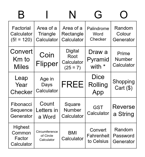 Python Programming Bingo Card