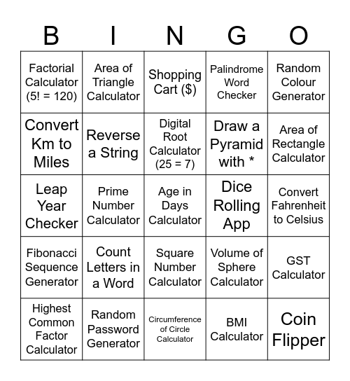 Python Programming Bingo Card