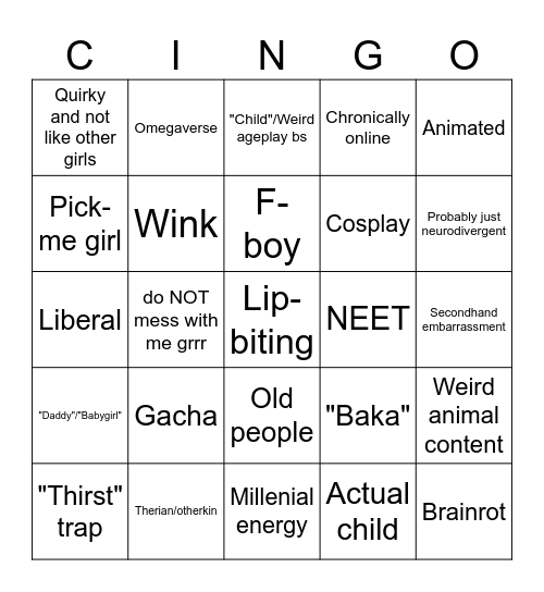 CRINGE BINGO!!! Bingo Card