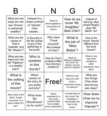Clueless vs. Emma Bingo Card