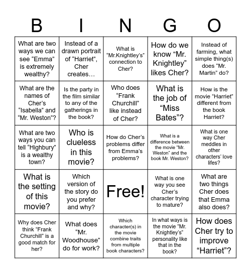 Clueless vs. Emma Bingo Card