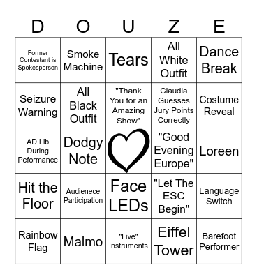 Eurovision 2024 Bingo Card