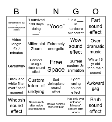 Minecraft Youtuber Bingo Card