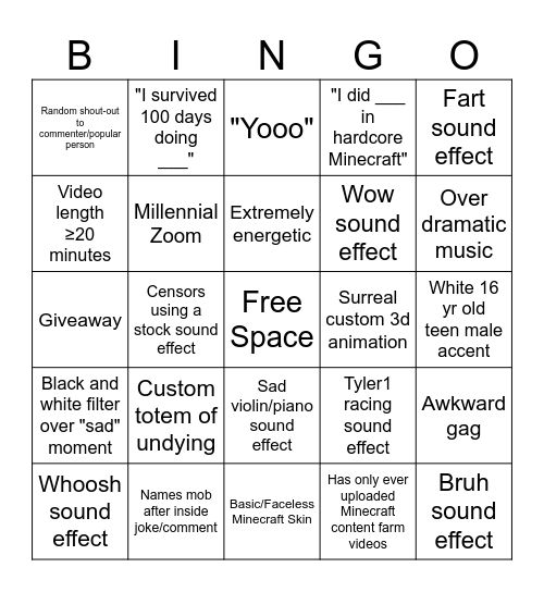 Minecraft Youtuber Bingo Card