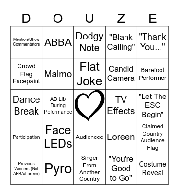 Eurovision 2024 Bingo Card