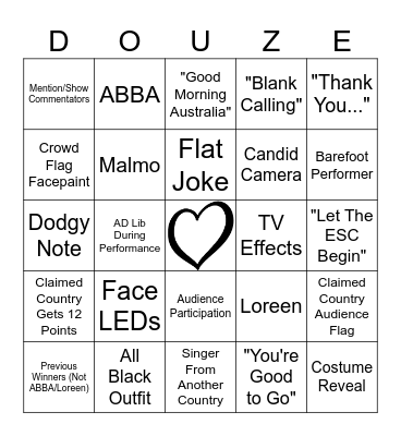 Eurovision 2024 Bingo Card