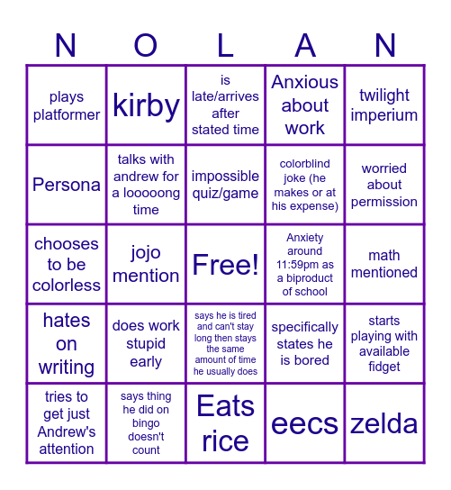 Nolan Bingo Card