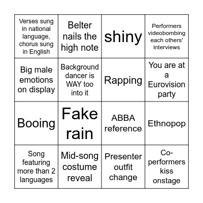 Eurovision 2024 Bingo Card