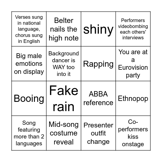 Eurovision 2024 Bingo Card