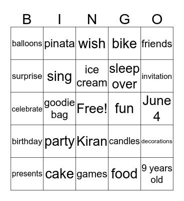 Kiran's 9th Birthday!! Bingo Card