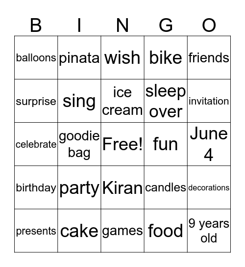 Kiran's 9th Birthday!! Bingo Card