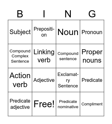 Grammer Bingo Card