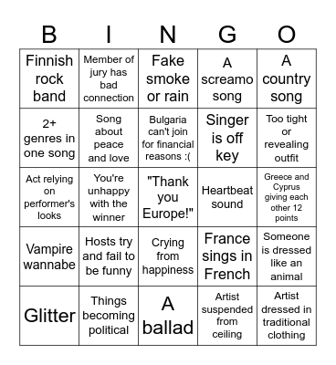 Eurovision Bingo! Bingo Card