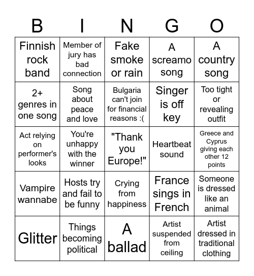 Eurovision Bingo! Bingo Card