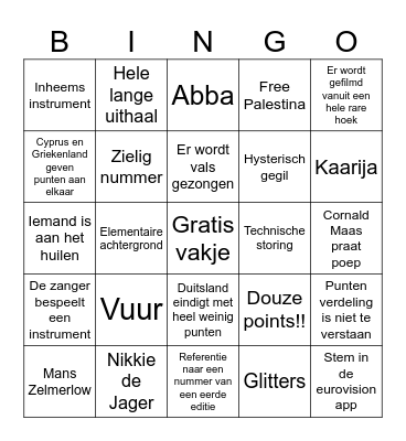 Eurovision 2024 Bingo Card