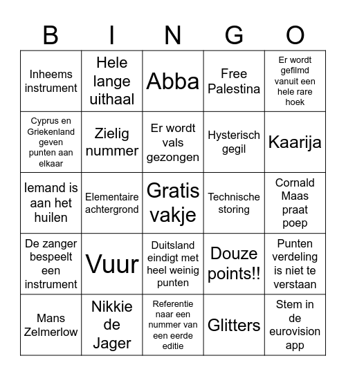 Eurovision 2024 Bingo Card