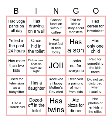 Mothers Day Bingo Card