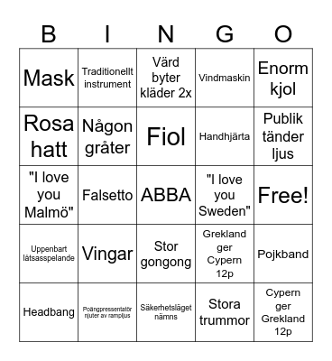 Eurovision bingo Card