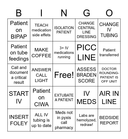 ICU Bingo Card