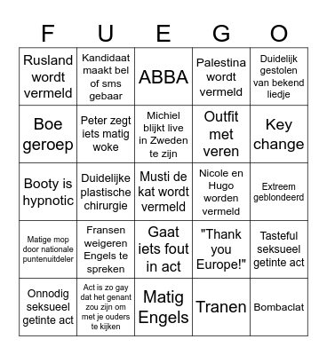 Eurovision Bingo Card