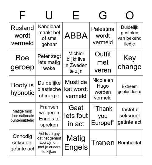 Eurovision Bingo Card