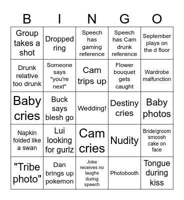 Cam's Wedding Bingo Card