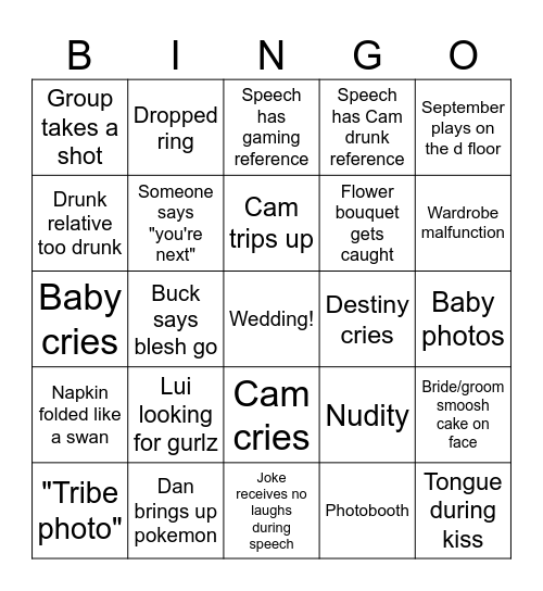 Cam's Wedding Bingo Card