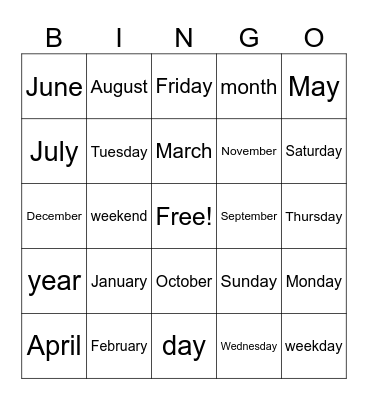 Month & Day Bingo Card