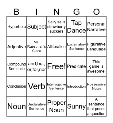 4th grade English BINGO Card