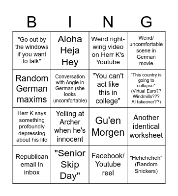 German Class Bingo Card