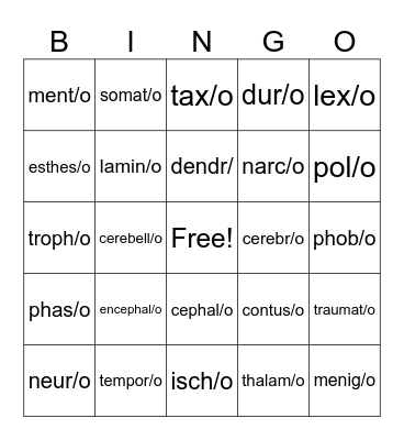 Chapter 10 Nervous System Bingo Card