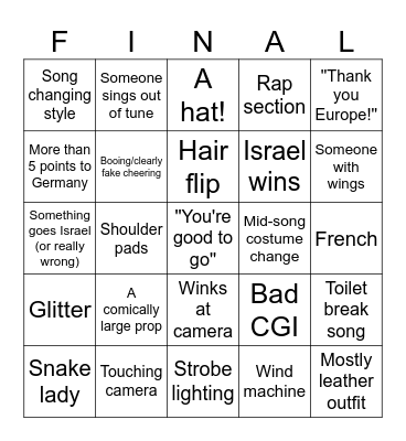 Eurovision 2024 Bingo Card